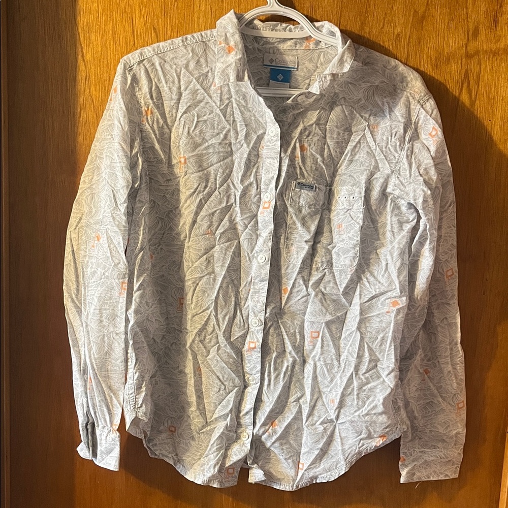Columbia Men's Whiye Button-Down Shirt with Orange and Gray Beach Accents